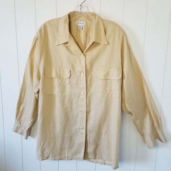 Ann Taylor 100% Linen Shirt Womens Size Medium Tan Long Sleeve - Picture 3 of 7